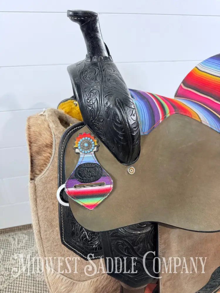 15” Silver Royal Serape Print Black Leather Barrel Saddle Western Saddle