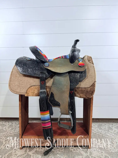 15” Silver Royal Serape Print Black Leather Barrel Saddle Western Saddle