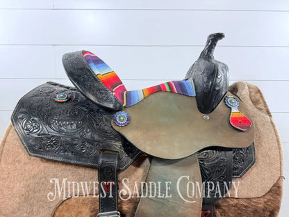 15” Silver Royal Serape Print Black Leather Barrel Saddle Western Saddle