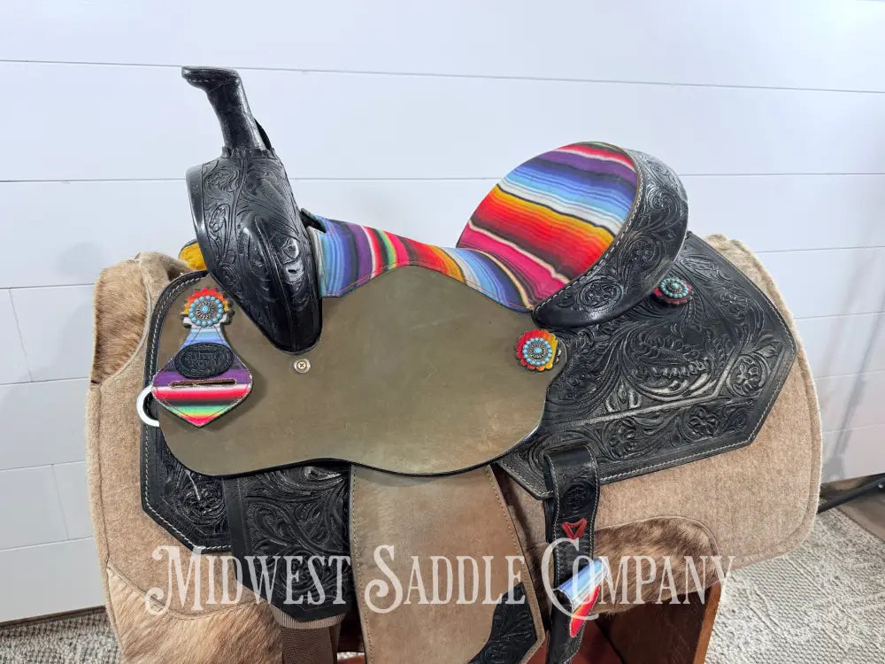 15” Silver Royal Serape Print Black Leather Barrel Saddle Western Saddle