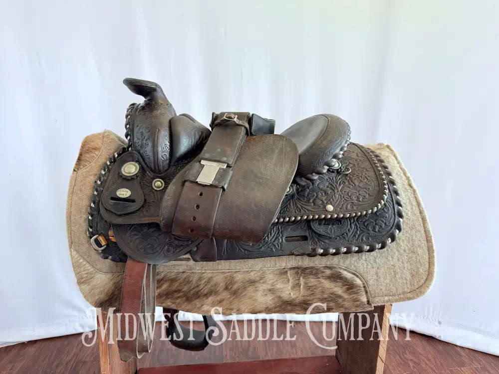 15” Vintage Circle Y Western Equitation Show Saddle Regular Tree Silver Laced Fully Tooled Western Saddle