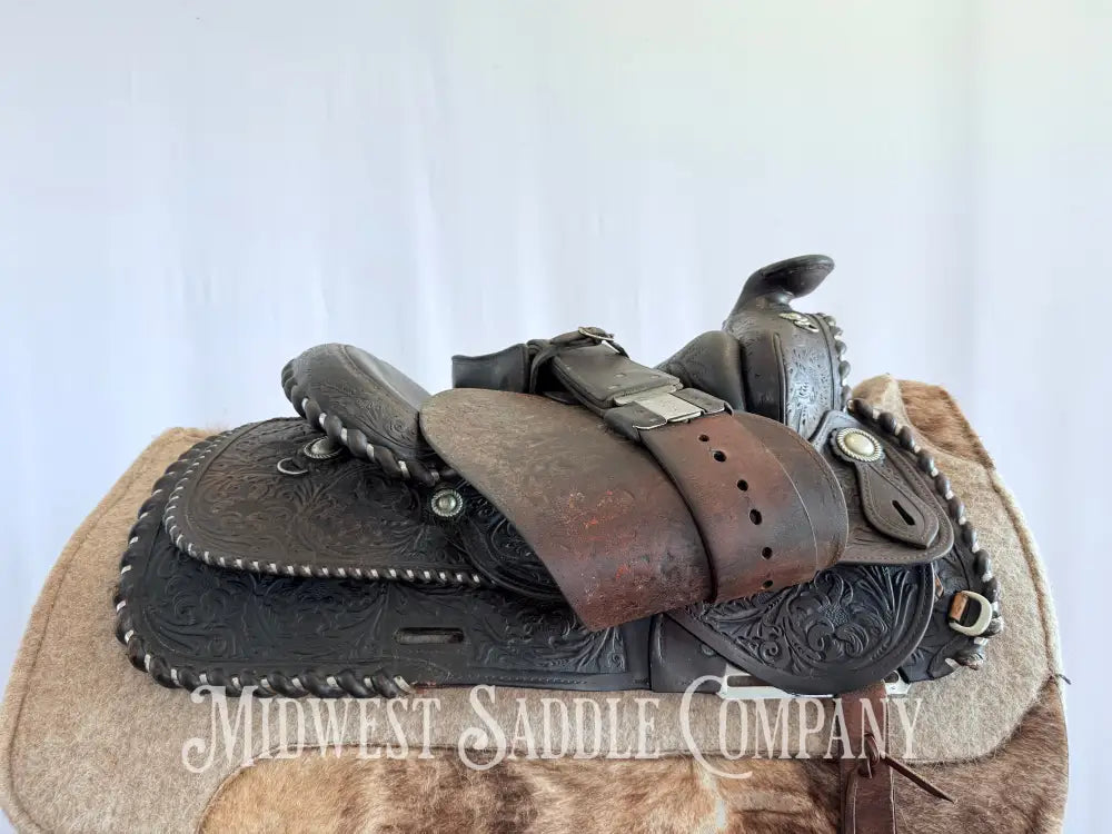 15” Vintage Circle Y Western Equitation Show Saddle Regular Tree Silver Laced Fully Tooled Western Saddle