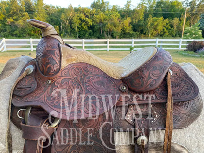 15’ Vintage Circle Y Western Roping Saddle - Fully Tooled!