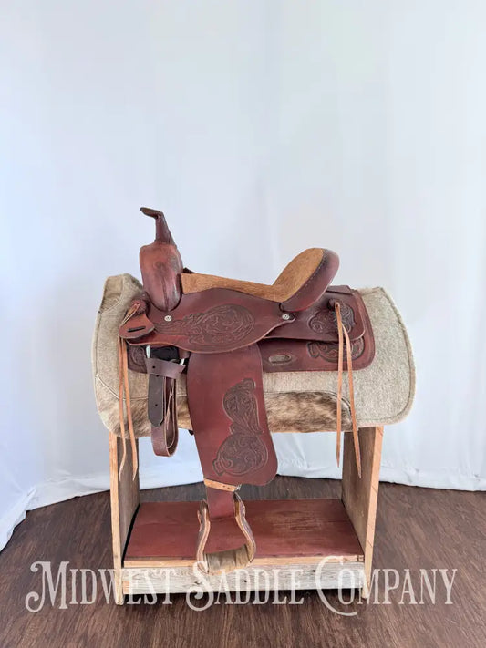 15” Western Barrel Saddle with Floral Leather Tooling Narrow Fit Western Saddle