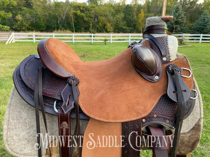 17” J.c. Martin Western Wade Ranch Saddle - Two Tone Rough Out Barbed Wire Leather Tooling