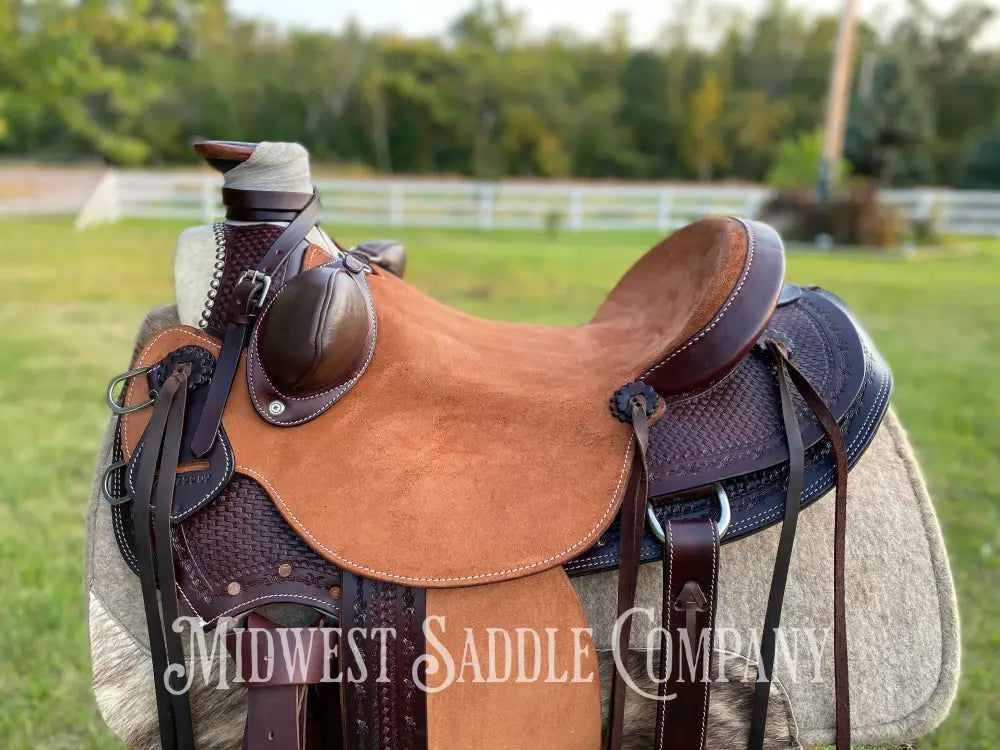 17” J.c. Martin Western Wade Ranch Saddle - Two Tone Rough Out Barbed Wire Leather Tooling