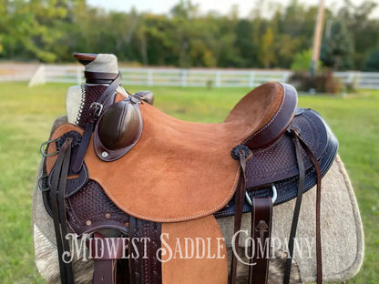 17” J.c. Martin Western Wade Ranch Saddle - Two Tone Rough Out Barbed Wire Leather Tooling