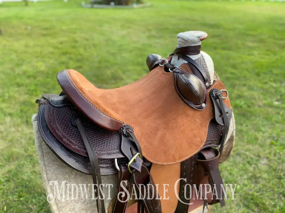 17” J.c. Martin Western Wade Ranch Saddle - Two Tone Rough Out Barbed Wire Leather Tooling