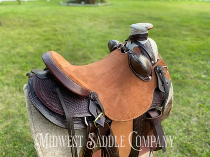 17” J.c. Martin Western Wade Ranch Saddle - Two Tone Rough Out Barbed Wire Leather Tooling