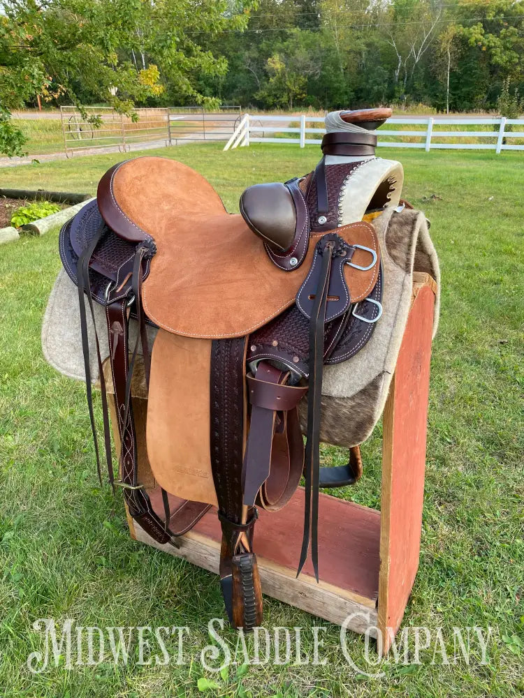 17” J.c. Martin Western Wade Ranch Saddle - Two Tone Rough Out Barbed Wire Leather Tooling