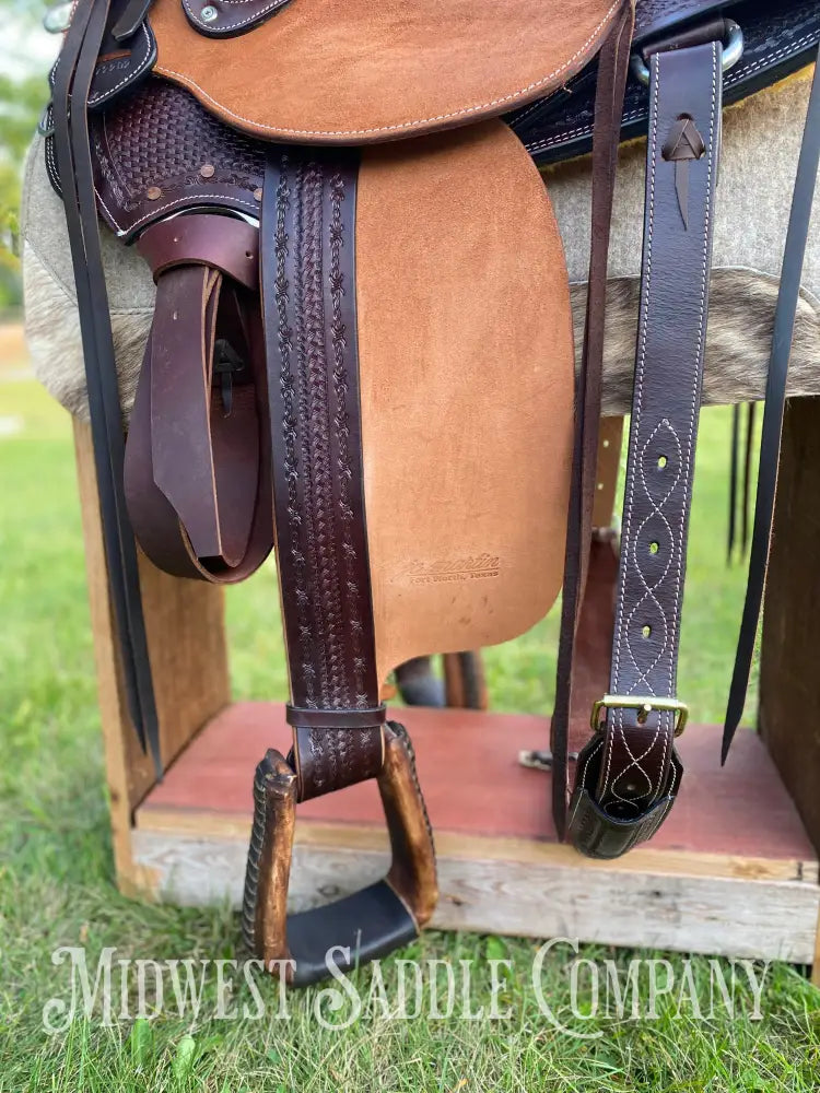 17” J.c. Martin Western Wade Ranch Saddle - Two Tone Rough Out Barbed Wire Leather Tooling