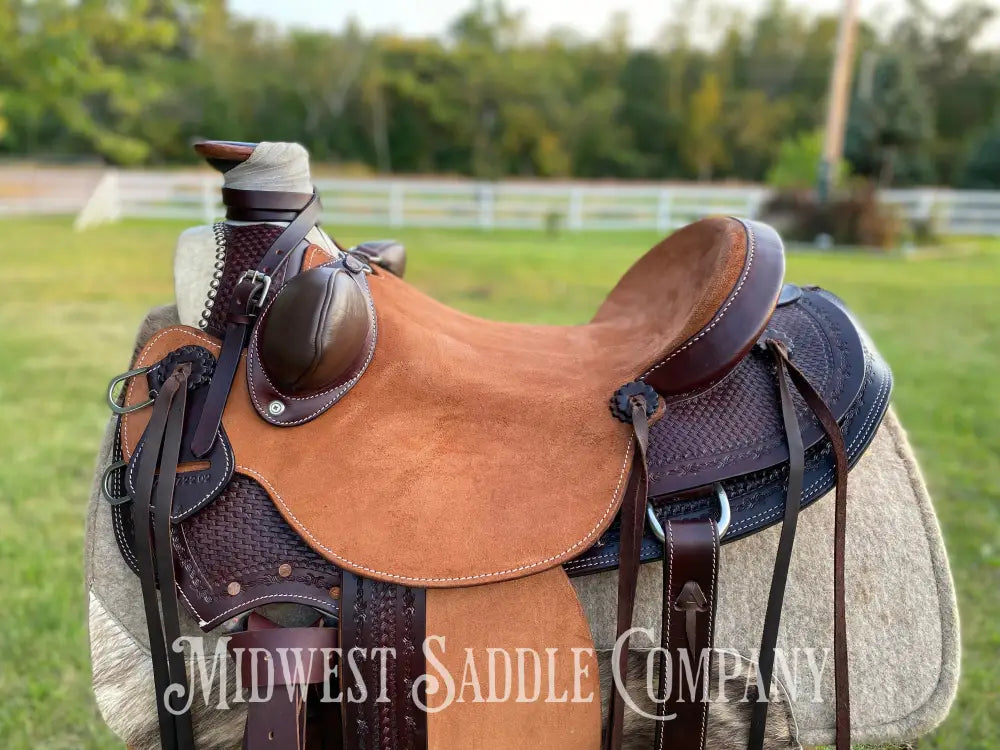 17” J.c. Martin Western Wade Ranch Saddle - Two Tone Rough Out Barbed Wire Leather Tooling