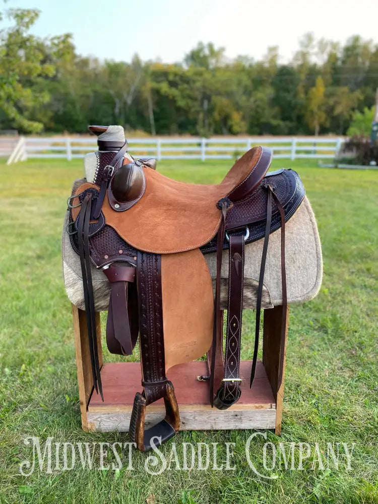17” J.c. Martin Western Wade Ranch Saddle - Two Tone Rough Out Barbed Wire Leather Tooling