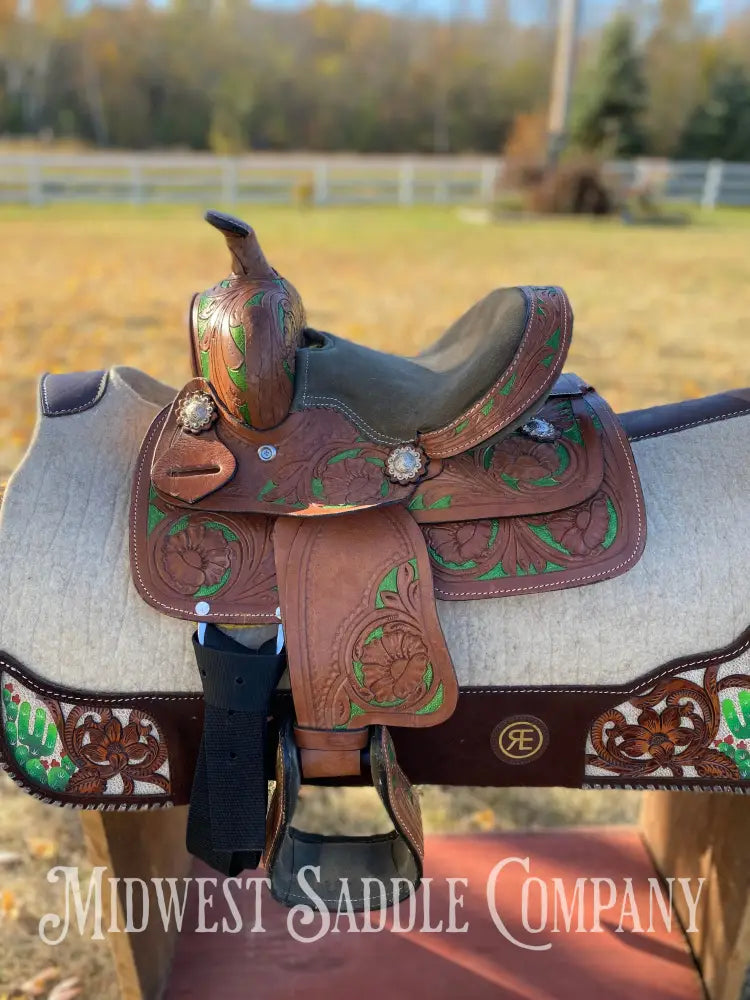 8” Youth Western Saddle - Floral Tooling With Green Accents