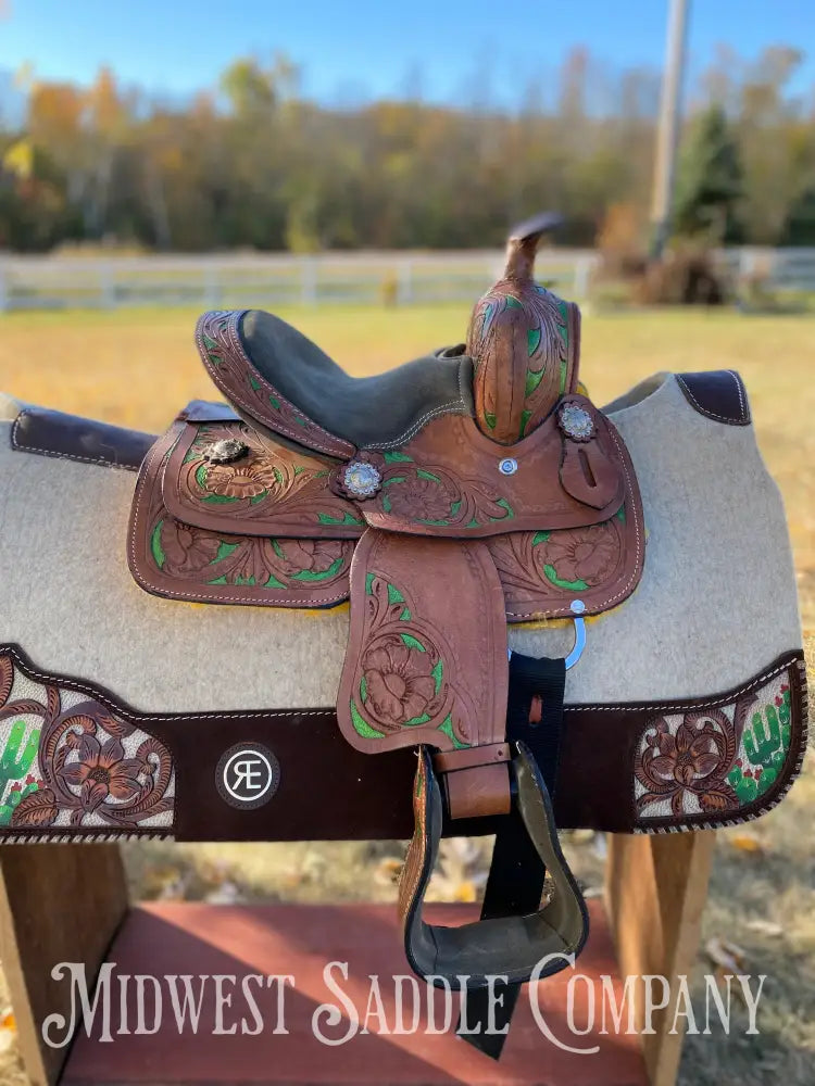 8” Youth Western Saddle - Floral Tooling With Green Accents