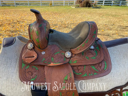 8” Youth Western Saddle - Floral Tooling With Green Accents