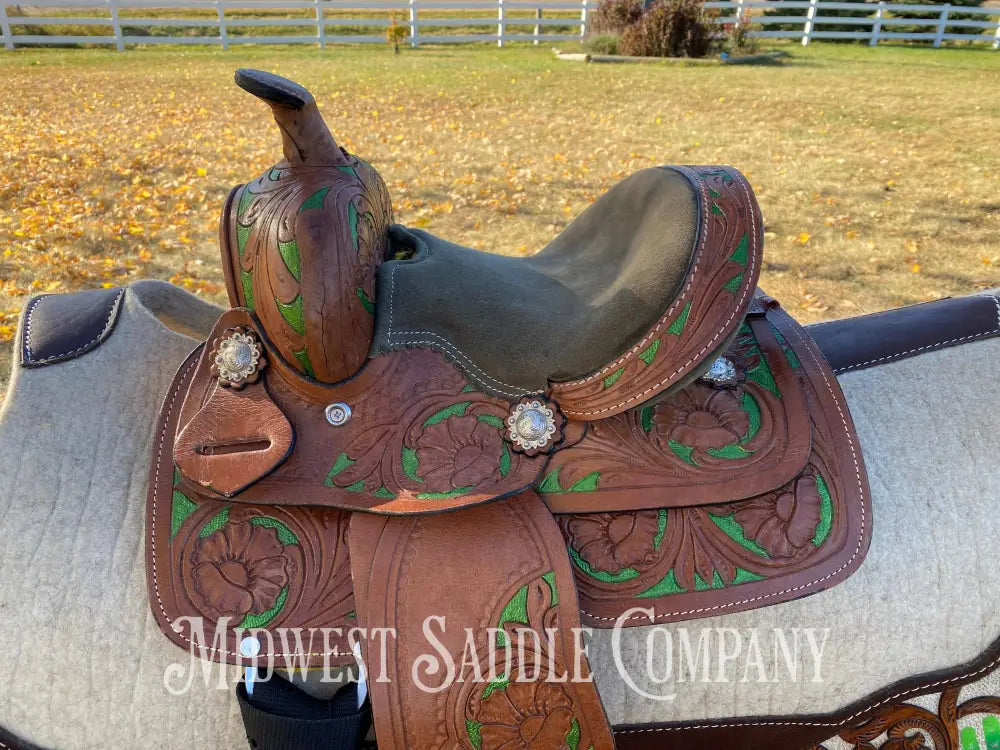 8” Youth Western Saddle - Floral Tooling With Green Accents