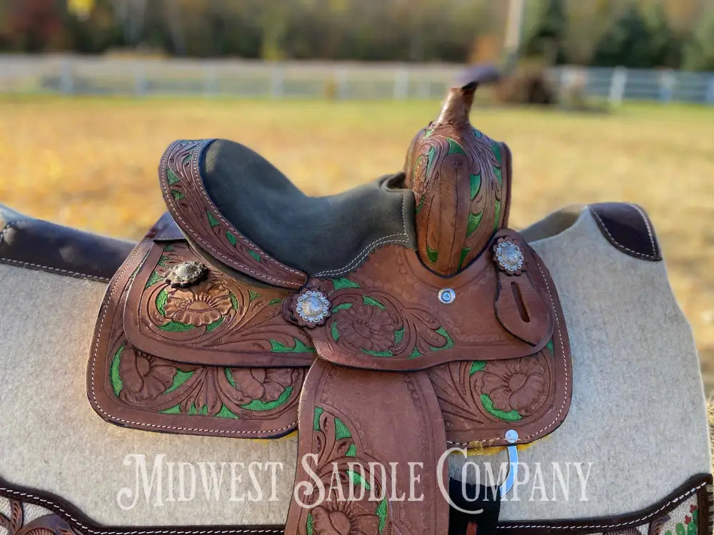 8” Youth Western Saddle - Floral Tooling With Green Accents