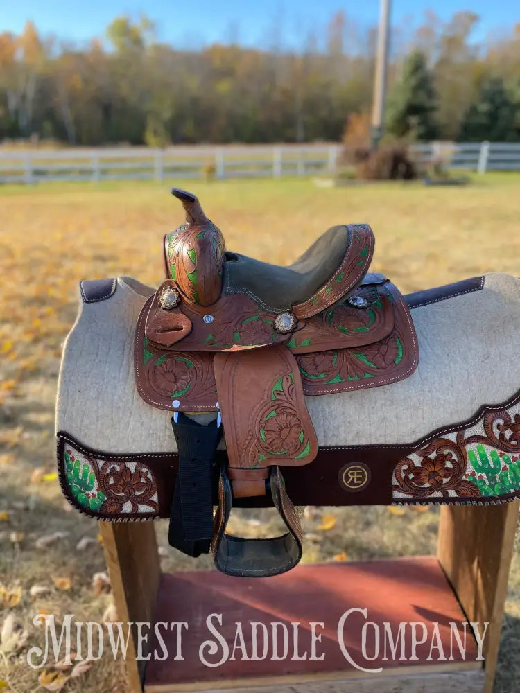 8” Youth Western Saddle - Floral Tooling With Green Accents