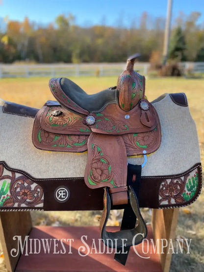 8” Youth Western Saddle - Floral Tooling With Green Accents