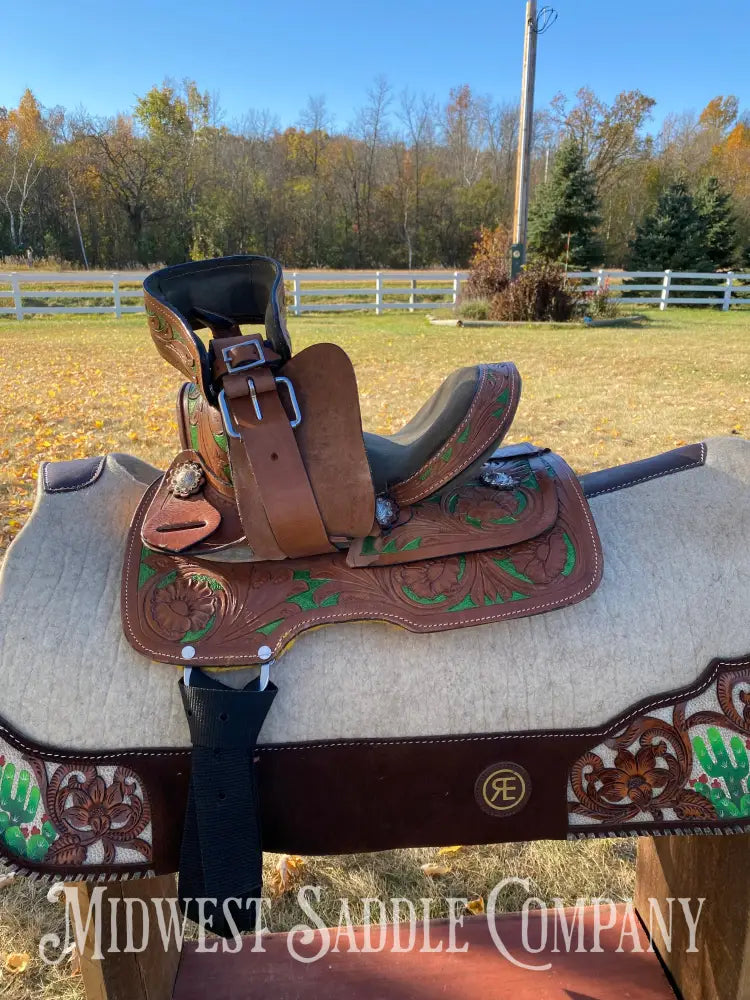 8” Youth Western Saddle - Floral Tooling With Green Accents