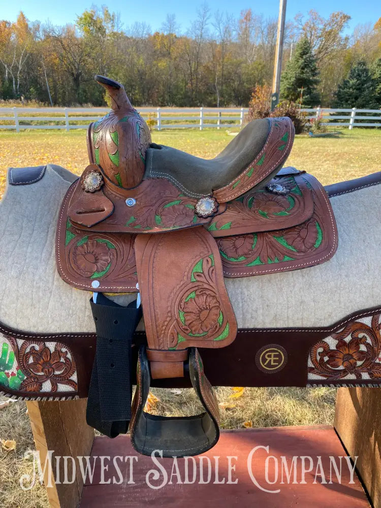 8” Youth Western Saddle - Floral Tooling With Green Accents