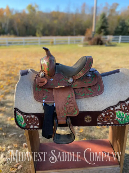 8” Youth Western Saddle - Floral Tooling With Green Accents