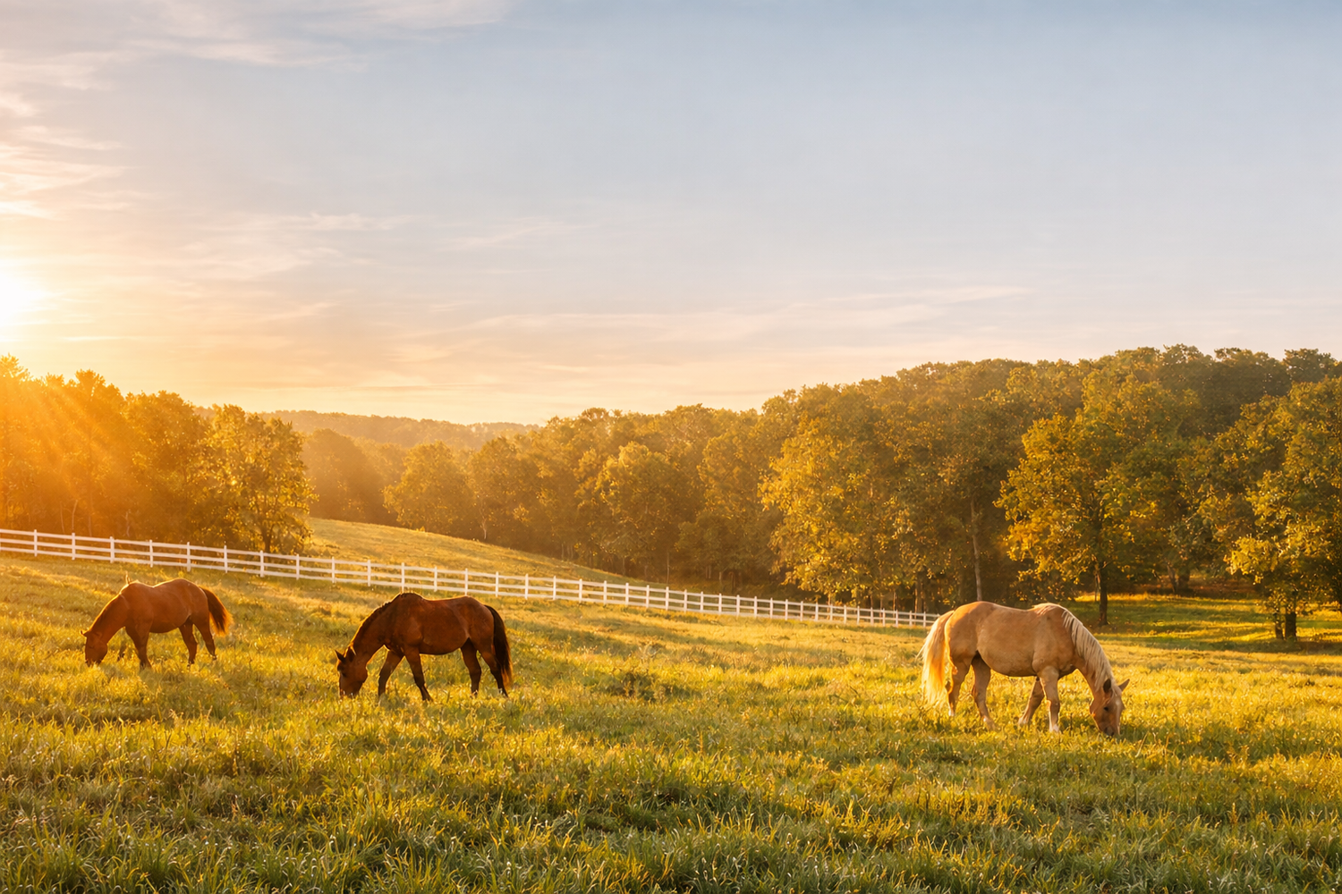 Horses grazing in a field with trees and a sunset sky