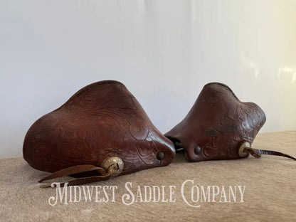 Antique A.W. Maker Maker Fredericksburg TX Western Leather Cowboy Tapaderos with Tooling