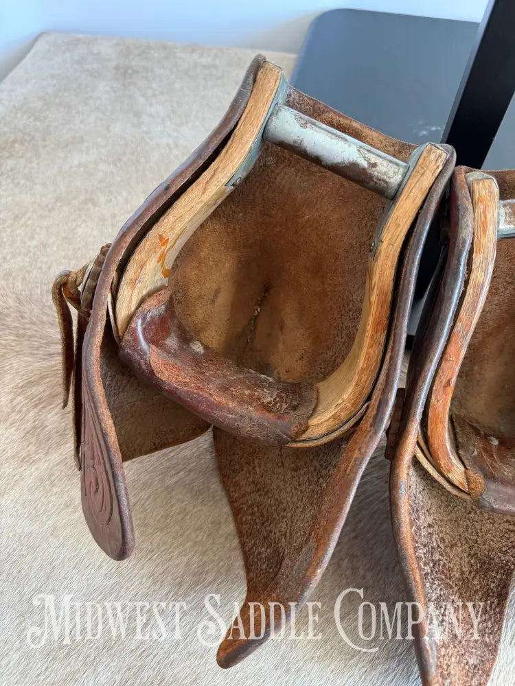 Antique A.W. Maker Maker Fredericksburg TX Western Leather Cowboy Tapaderos with Tooling