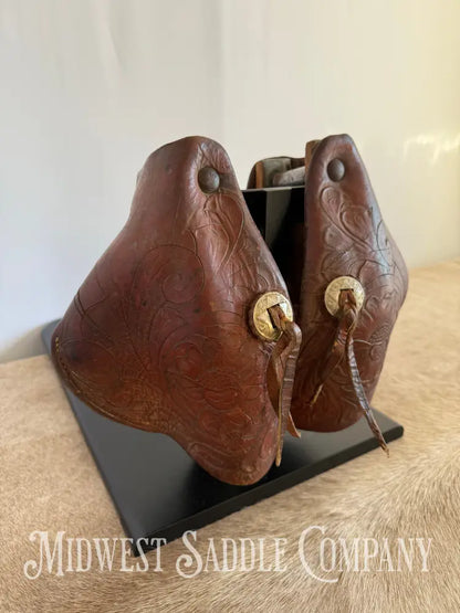 Antique A.W. Maker Maker Fredericksburg TX Western Leather Cowboy Tapaderos with Tooling