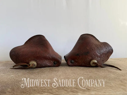 Antique A.W. Maker Maker Fredericksburg TX Western Leather Cowboy Tapaderos with Tooling