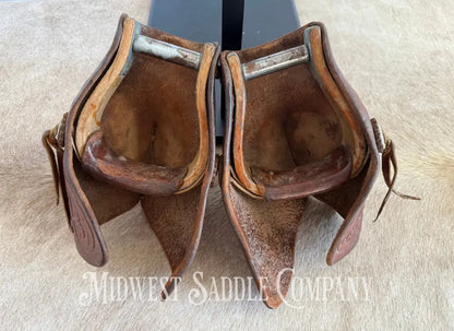 Antique A.W. Maker Maker Fredericksburg TX Western Leather Cowboy Tapaderos with Tooling