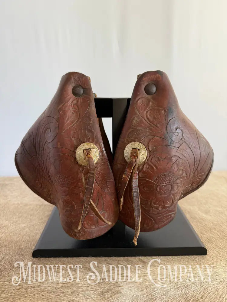 Antique A.W. Maker Maker Fredericksburg TX Western Leather Cowboy Tapaderos with Tooling