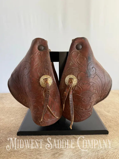 Antique A.W. Maker Maker Fredericksburg TX Western Leather Cowboy Tapaderos with Tooling