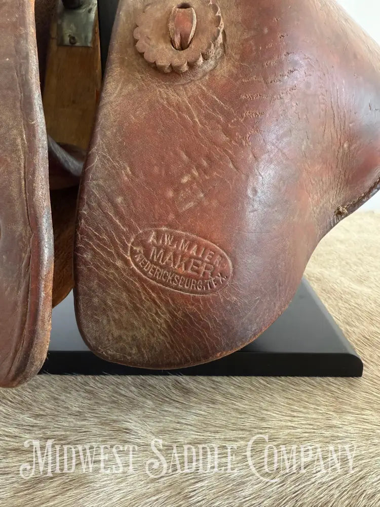 Antique A.W. Maker Maker Fredericksburg TX Western Leather Cowboy Tapaderos with Tooling