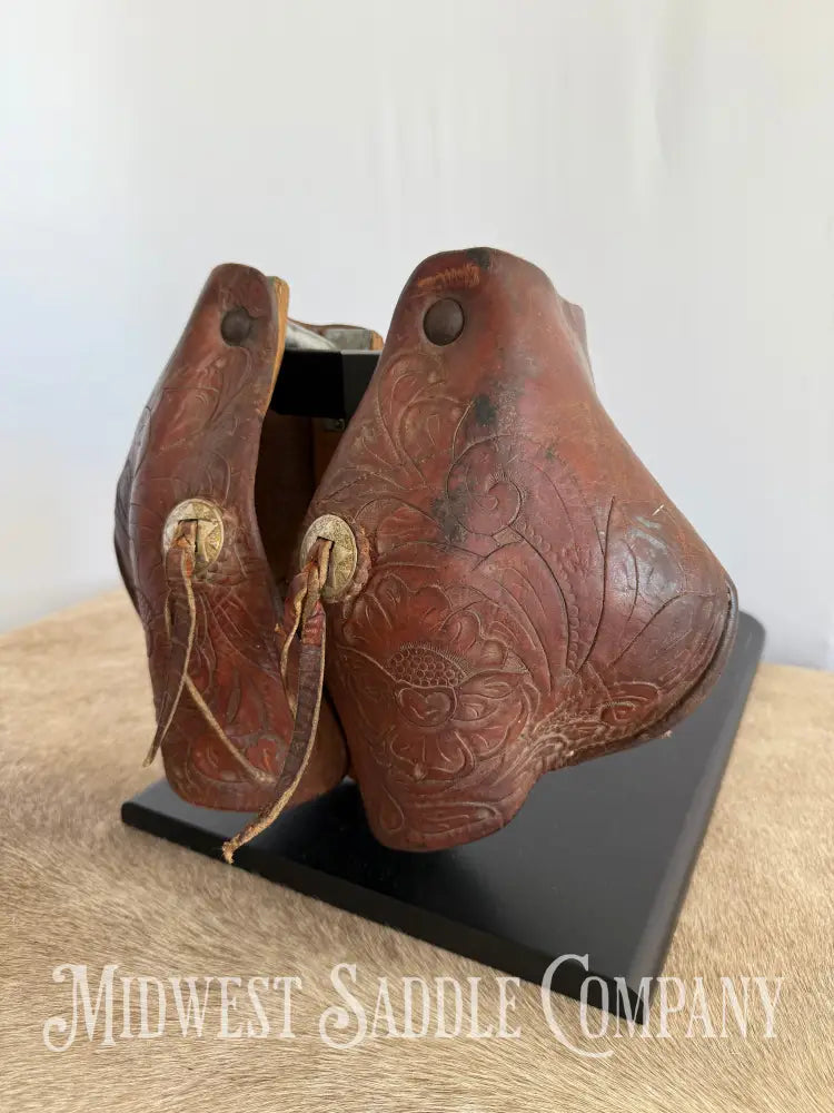 Antique A.W. Maker Maker Fredericksburg TX Western Leather Cowboy Tapaderos with Tooling