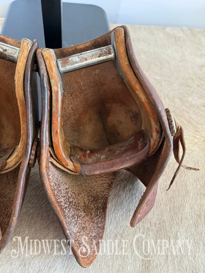 Antique A.W. Maker Maker Fredericksburg TX Western Leather Cowboy Tapaderos with Tooling