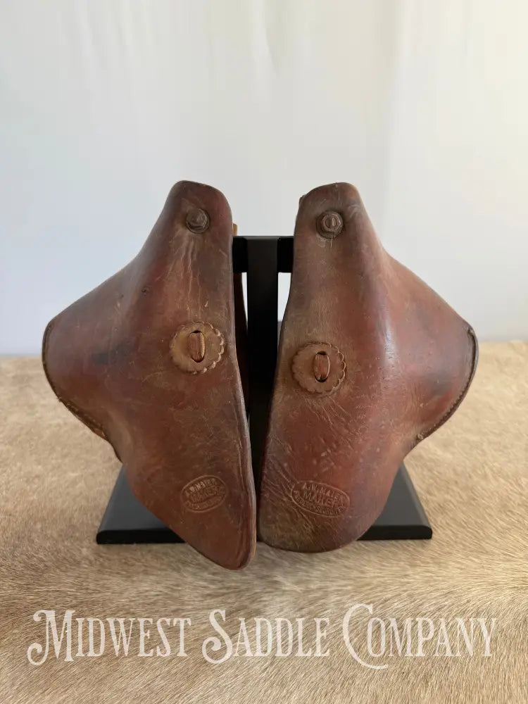 Antique A.W. Maker Maker Fredericksburg TX Western Leather Cowboy Tapaderos with Tooling