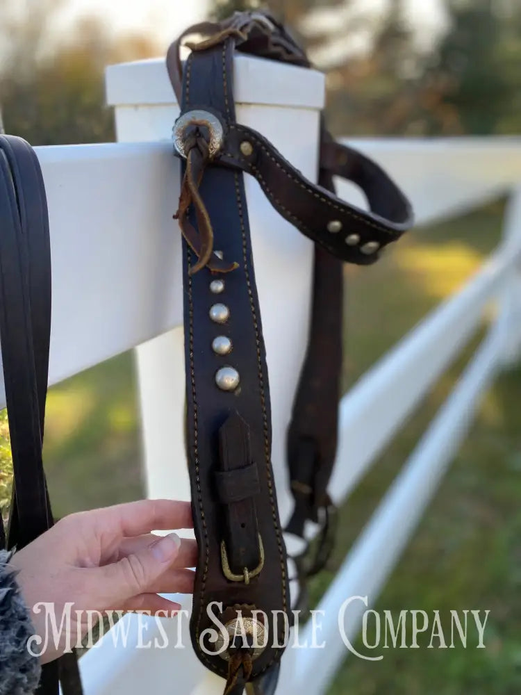 Antique Collector Leather Horse Studded Dot Bridle with Reins - Vintage Bit with Silver Accent Bridles & Headstalls