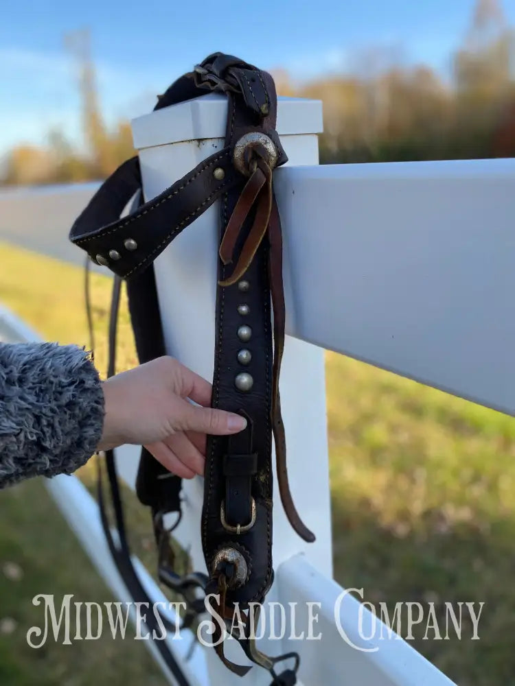 Antique Collector Leather Horse Studded Dot Bridle with Reins - Vintage Bit with Silver Accent Bridles & Headstalls