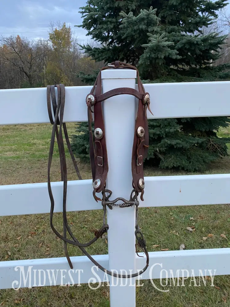 Antique Western Cowboy Silver Concho Bridle with Reins - Hand-Forged Cavalry Shank Curb Bit Bridles & Headstalls