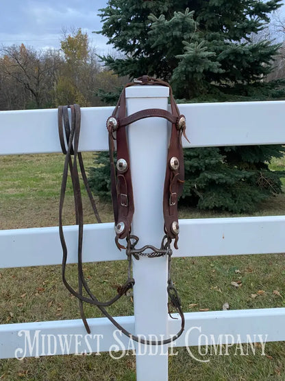 Antique Western Cowboy Silver Concho Bridle with Reins - Hand-Forged Cavalry Shank Curb Bit Bridles & Headstalls