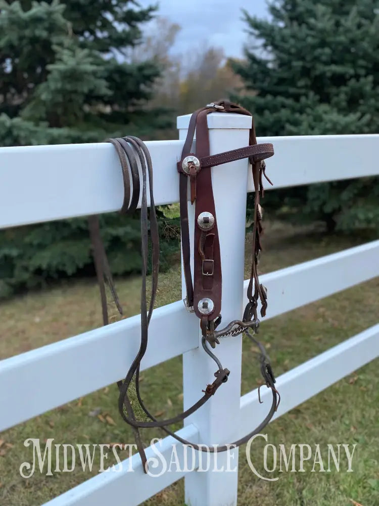 Antique Western Cowboy Silver Concho Bridle with Reins - Hand-Forged Cavalry Shank Curb Bit Bridles & Headstalls