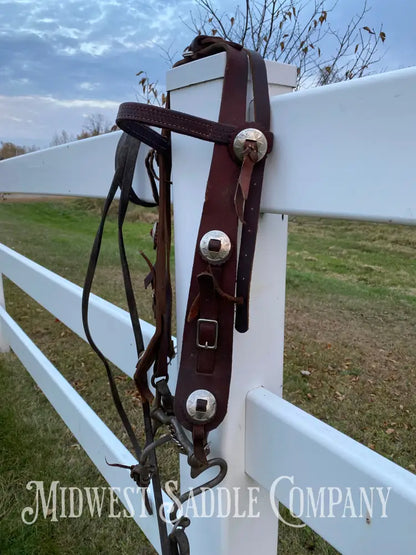 Antique Western Cowboy Silver Concho Bridle with Reins - Hand-Forged Cavalry Shank Curb Bit Bridles & Headstalls