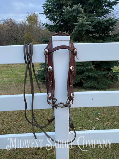 Antique Western Cowboy Silver Concho Bridle with Reins - Hand-Forged Cavalry Shank Curb Bit Bridles & Headstalls
