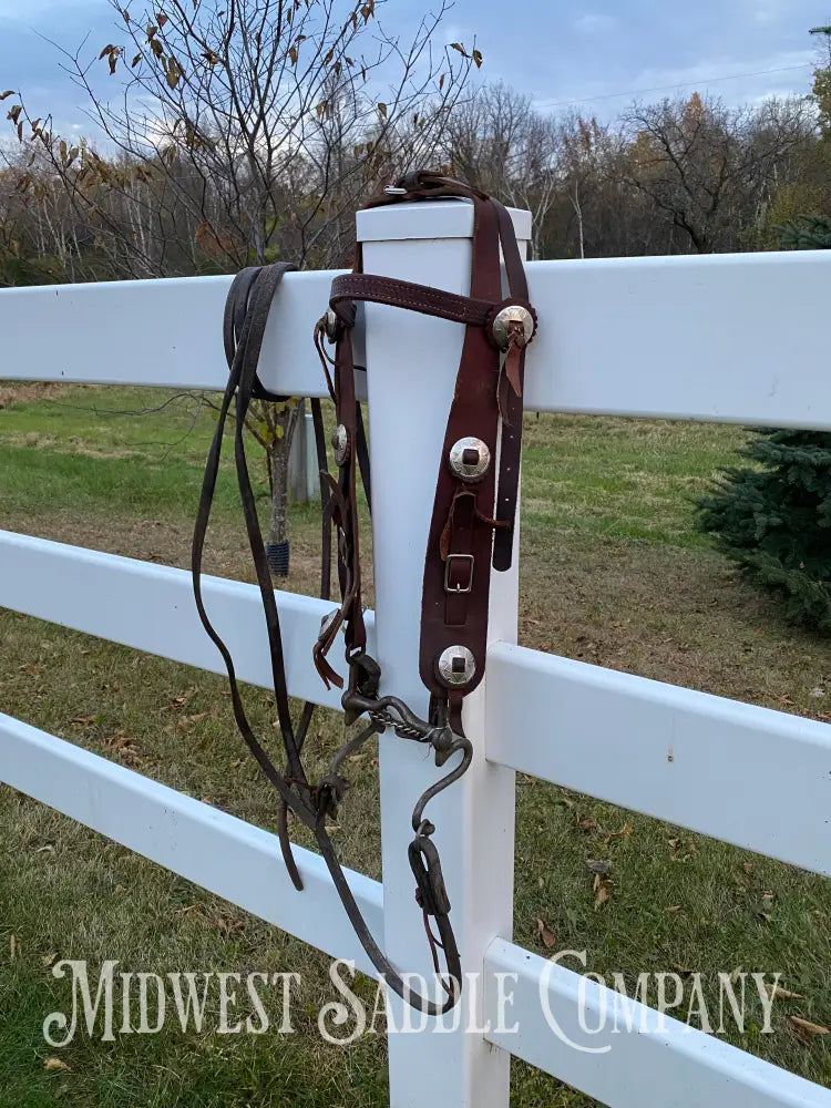 Antique Western Cowboy Silver Concho Bridle with Reins - Hand-Forged Cavalry Shank Curb Bit Bridles & Headstalls