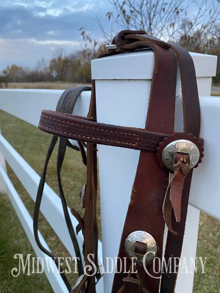 Antique Western Cowboy Silver Concho Bridle with Reins - Hand-Forged Cavalry Shank Curb Bit Bridles & Headstalls