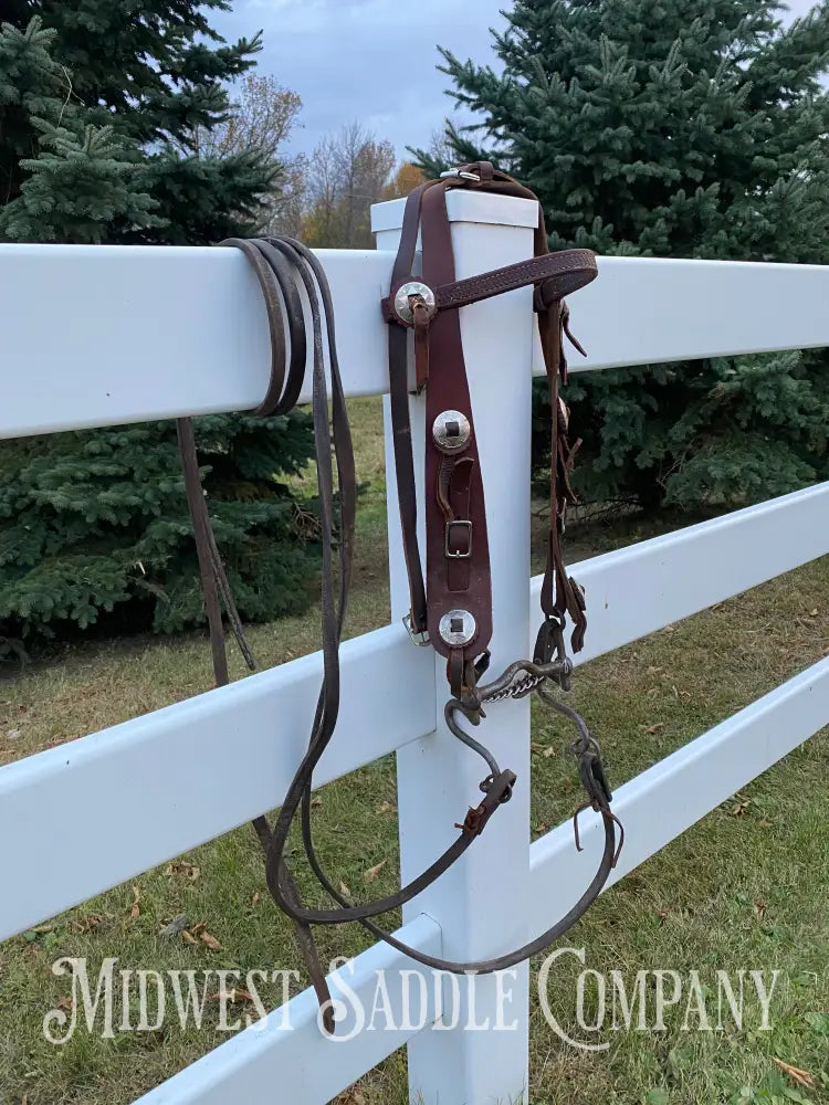 Antique Western Cowboy Silver Concho Bridle with Reins - Hand-Forged Cavalry Shank Curb Bit Bridles & Headstalls