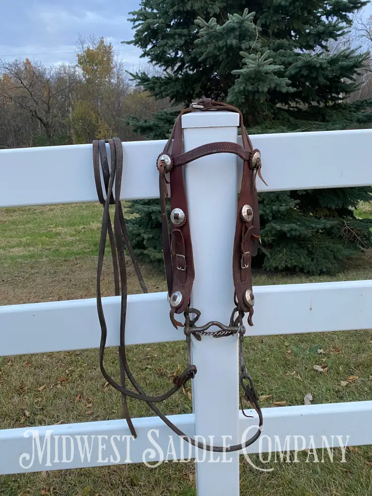 Antique Western Cowboy Silver Concho Bridle with Reins - Hand-Forged Cavalry Shank Curb Bit Bridles & Headstalls